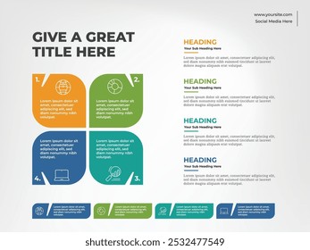 Modelo infográfico de 4 etapas para negócios com design quadrado com quatro elementos coloridos, ilustração vetorial de quatro elementos infográficos coloridos