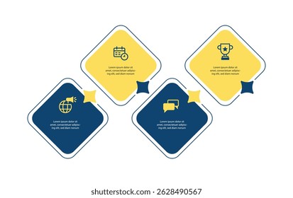 Modelo infográfico de 4 etapas. Gráfico de informações do processo de linha do tempo com linha conectada. Apresentação de 4 colunas com conceito quadrado e ícones.