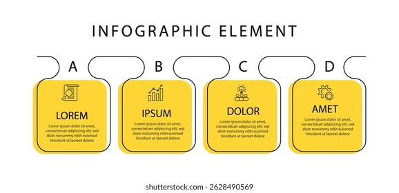 Modelo infográfico de 4 etapas. Gráfico de informações do processo de linha do tempo com linha conectada. Apresentação de 4 colunas com conceito quadrado e ícones.