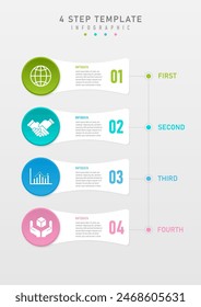 4 step infographic template. White square in center with text and numbers. The left multi-colored circle has a white icon in the center of the circle with a line on the right and multi-colored letters
