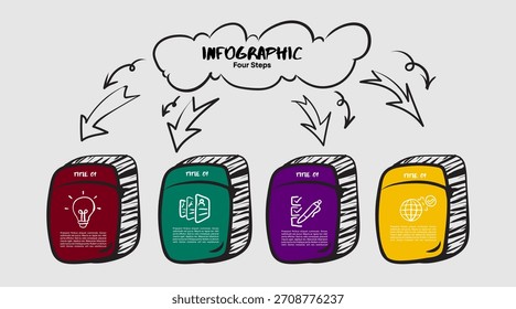 4 passo infográfico modelo de comunicação de linha do tempo com ilustração vetorial de setas. Infográfico 4 opções. Vetor eps.