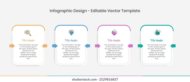 Modelo de design de infográficos de 4 etapas, diagrama de gráfico, Gráfico, Gráfico de pizza, layout de fluxo de trabalho, diagrama de escudo, relatório, Elementos de design de apresentação editável, Diagrama de processo em fundo branco