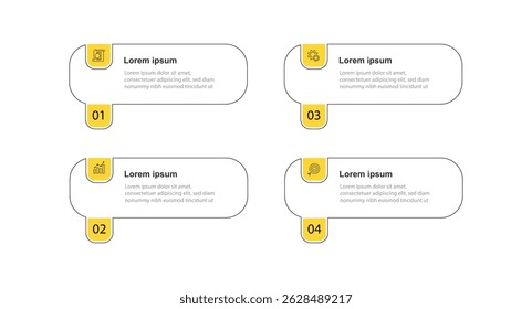 Vetor quadrado de colunas de linha de 4 etapas. Modelo simples para design infográfico com ícone e cor amarela.