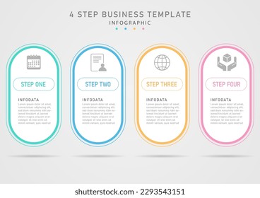 4 Step Modern Infographic white rounded square template business planning multi-colored outline Letter top icon. On white background. Gray gradient background, design for marketing, finance, product.
