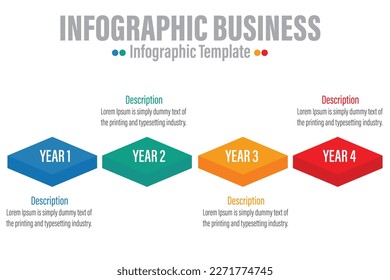 Diagrama de escala de tiempo moderno de 4 pasos con año de planificación, infografía del vector de presentación. Plantilla de infografía para empresas.