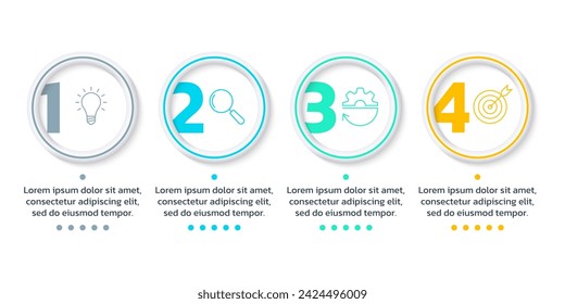4 step, option infographic with business icons. Process diagram, timeline info graphic design elements. Modern layout, flow chart with four numbers and 3d circles. Vector illustration.