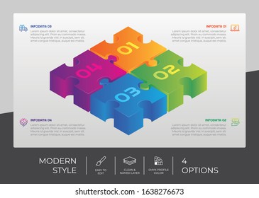 4 Step or Process Infographic With 3D Puzzle Layout and Chart Design