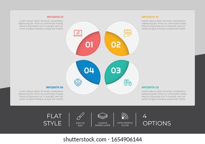 Opción de círculo diseño vectorial infográfico con 4 opciones &estilo colorido para la presentación.La infografía de opción plana se puede utilizar para negocios y marketing