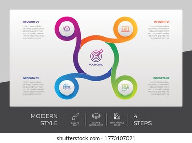 Presentación de la infografía de flecha de opción de negocio con estilo moderno y concepto colorido. 4 opciones de infografía se pueden usar con fines comerciales.