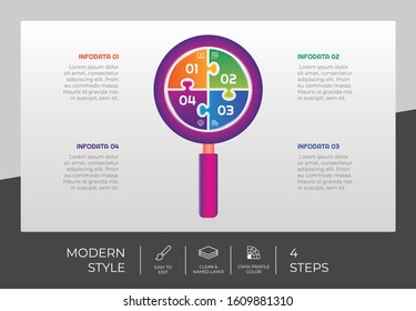4 Step or Process Infographic With Magnifier Layout and Chart Design