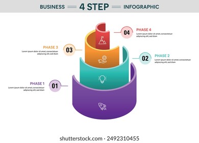 4 Schritt Halbkreis Zylinder Infografik. In: 3D Vektorillustration for Business Financial Report.