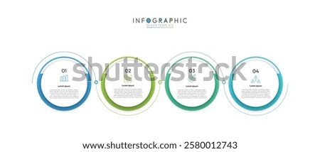 4 step timeline infographic template with circular Icons, Informative circular process infographic chart for business startup demonstration, Modern infographic design template.