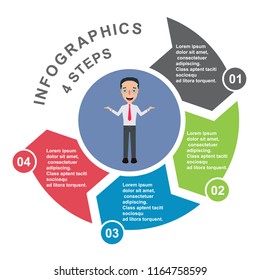 4 step vector element in four colors with labels, infographic diagram. Business concept of 4 steps or options with businessman .