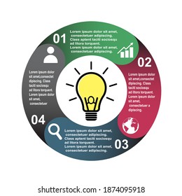 4 step vector element in four colors with labels, infographic diagram. Business concept of 4 steps or options with light bulb