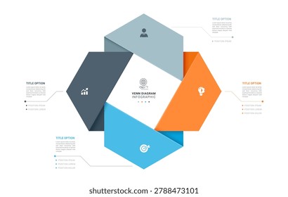 4 Step Venn diagram infographic template background. Square loops with icons for business presentation.