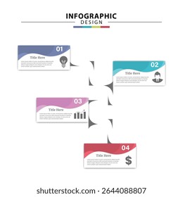 Plantilla de infografía de Vertical de 4 pasos, con iconos y datos. Línea de tiempo comercial plana, estilo de diagrama de Gantt. Ideal para marketing, planificación de calendarios, presentaciones y visualización de procesos