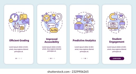 4 steps 2D multicolor icons representing AI in education, graphic instructions with linear concepts, app screen.