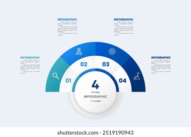 Linha do tempo infográfico do círculo comercial de 4 etapas com ícones