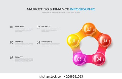 4 Pasos Presentación de la infografía empresarial. 3 d composición de bolas glosas. Visualización gráfica estadística.