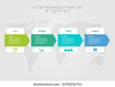 4 pasos plantilla de infografía de negocios Cuadrados multicolor de ángulo agudo Hay una letra blanca en el centro y un cuadrado blanco. Iconos coloreados debajo del mapa del mundo bajo un fondo de gradiente gris.