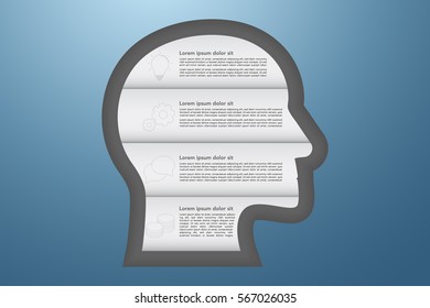 4 steps business infographics with outline icons in origami style with shadows in shape of head embossed to blue gradient surface. Four steps head shape timeline infographic. 