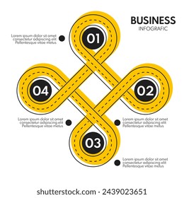 4 steps business infographics. Yellow and black road style cycle vector illustration. Modern presentation or report template.