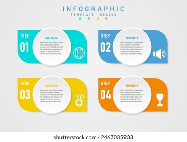 4 Stufen Business mehrfarbige quadratische Infografik-Vorlage Es gibt Zahlen auf der linken Seite, weiße Symbole auf der rechten Seite. Das kreisförmige Button in der Mitte zeigt oben Buchstaben. Der Hintergrund ist grau.
