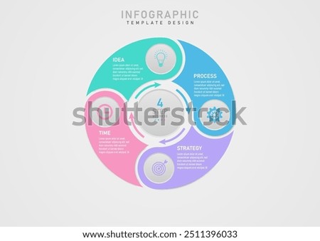 4 steps to business planning Multi-colored divided outer circle infographic template. The top has white text and a gray circle with colored icon in the middle an arrow and a gray button in the middle.