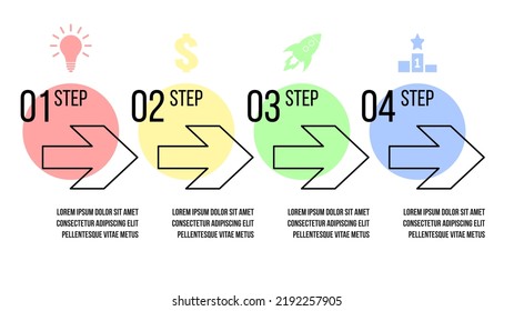 diagrama de procesos de negocios de 4 pasos. Plantilla de infografía vectorial de cuatro opciones. Diagrama de flujo de estrategia o plan de marketing. Diseño de presentación con círculos y flechas coloridas.