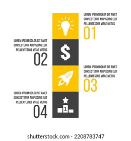 4 Stufen Business Process Diagramm. Vier Optionen Vektorgrafik Vorlage. Flussdiagramm der Strategie oder des Marketingplans. Darstellungslayout mit vertikaler Zeitlinie.