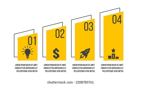 4 Stufen Business Process Diagramm. Vier Optionen Vektorgrafik Vorlage. Flussdiagramm der Strategie oder des Marketingplans. Darstellungs-Layout mit steigendem Trend.