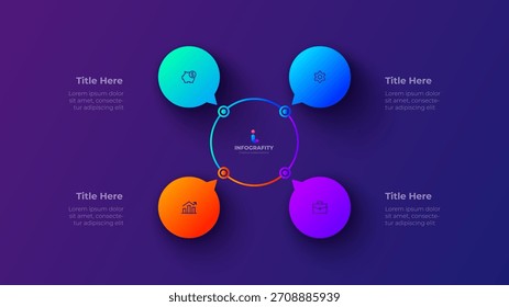 Infografía circular de 4 pasos. Plantilla de Vector de proceso de círculo de neón degradado para el flujo de trabajo y la estrategia de marketing