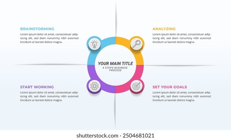 4 Steps Circular Infographics Diagram on a 16:9 layout ratio for Business Cycles, Progress, and Plans.