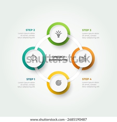 4 Steps Connection Synergy Infographic. Modern vector template for business presentations, marketing plans, cyclic processes, and workflow diagrams.
