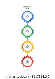 4 Steps elements placed in vertical row. Concept of 4 successive steps of project development process. Flat infographic design template. Simple vector illustration for business analytics.