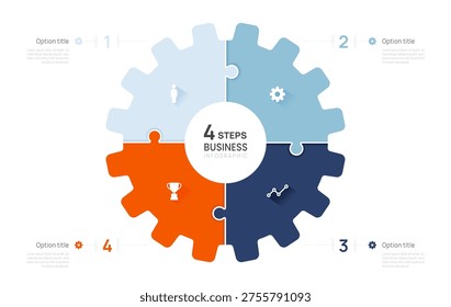 4 steps gear circle industrial Business Infographic jigsaw label design with icons. flow chart presentations.