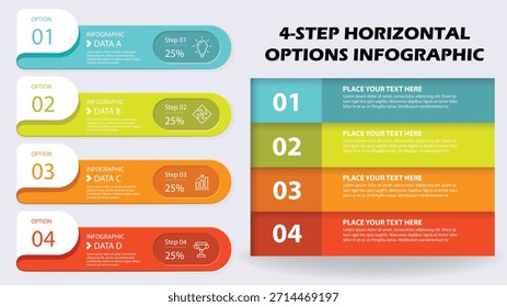 4 Schritte Horizontale Optionen Infografik-Vektorvorlage, Datenverteilung und Ablaufdiagramm für Geschäftsprozesse für Strategie und Präsentationslayout.