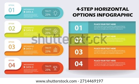 4 Steps Horizontal Options Infographic Vector Template, Data Distribution and Sequential Business Process Flow Chart for Strategy and Presentation Layout.