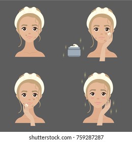 4 steps how to apply anti pigmentation and anti melasma facial cream. Young blonde girl and skincare. Spa beauty tutorial. Vector isolated illustrations set.