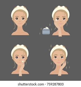 4 steps how to apply anti wrinkles facial cream.  Young blonde girl and homemade skincare. Spa beauty tutorial. Vector isolated illustrations set.