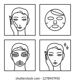 4 steps how to use facial sheet mask. Skin care. Vector icons. 