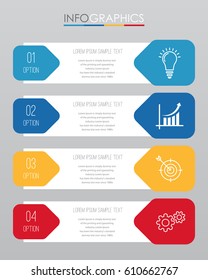 4 steps, icons for 4 options, multi-color, labels. Vector info-graphic element.