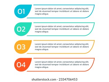 4 steps info graphic, number options, text box banners. Business presentation, layout templates. Infographic design elements, menu with four sections. Vector illustration.