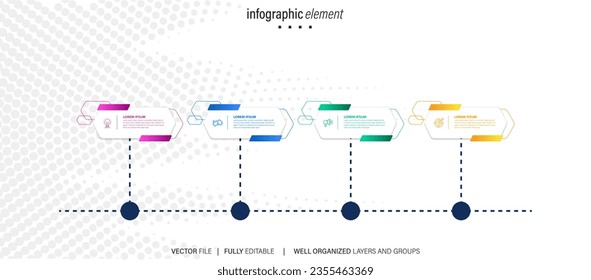 Gráfico de información de 4 pasos, opciones de número, banners de cuadro de texto. Presentación comercial, plantillas de diseño. Elementos de diseño infográfico, menú con tres secciones. Ilustración vectorial.
