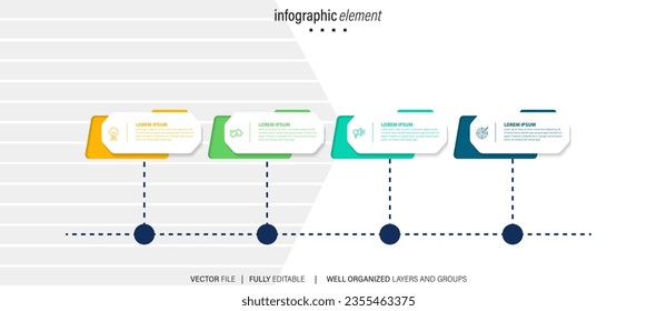 4 steps info graphic, number options, text box banners. Business presentation, layout templates. Infographic design elements, menu with three sections. Vector illustration.
