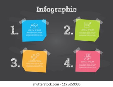 4 steps infographic for business vector design concept of colorful stick note paper with sticker tape 4 options with empty space for your title and text on black chalkboard.