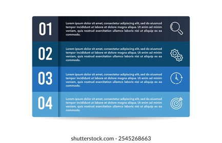 Plantilla de diseño de infografía de 4 pasos. Presentación de Negocios, Plan, Informe, Marketing y Estrategia. Ilustración vectorial.