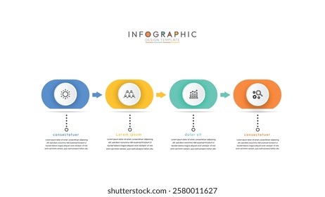 4 steps infographic design template, infographic progresses horizontally from left to right, indicated by the prominent orange arrows connecting each stage. Instructional graphics with 4 options.