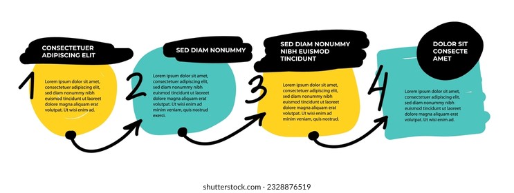 4 steps infographic with hand drawn text box, arrows. Step by step manual instruction. Empty design template. Data visualization. Design element for presentation with copy space. Workflow layout