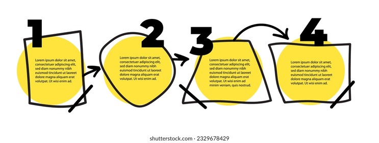 4 steps infographic with hand drawn text box, arrows. Step by step instruction. Empty way progress design template. Data visualization. Design element for presentation with copy space. Workflow layout